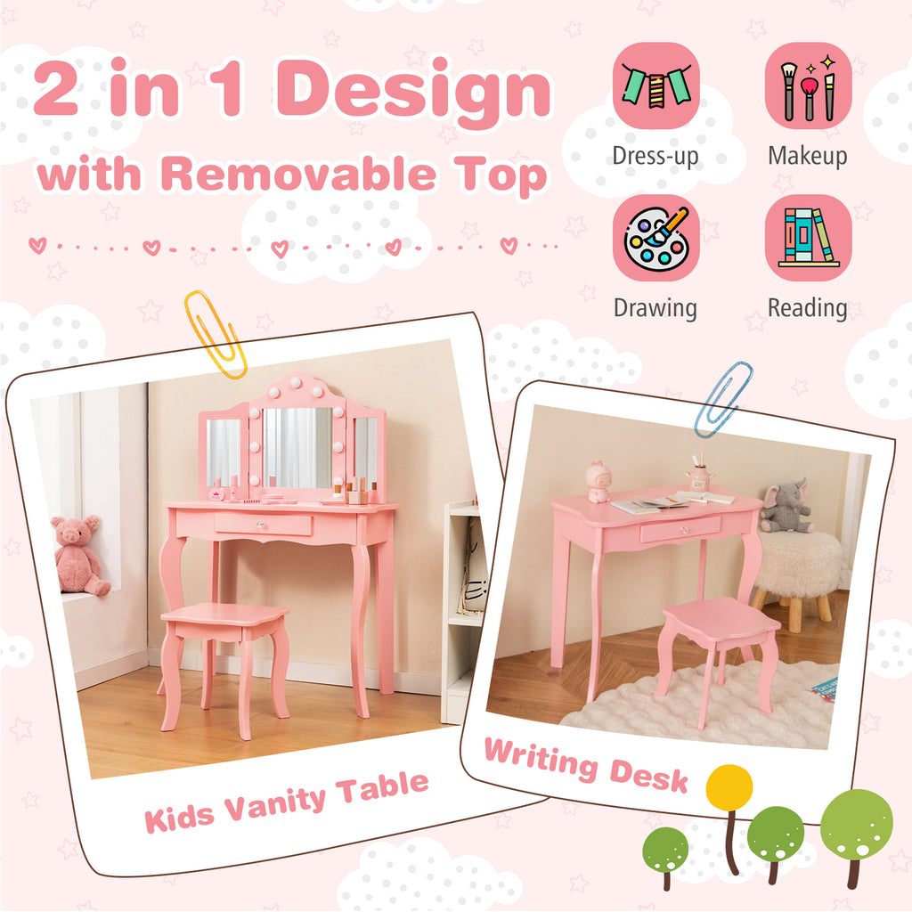 Kid Vanity Table Stool Set with Tri-Folding Mirror and Pink 3-Color LED Lights