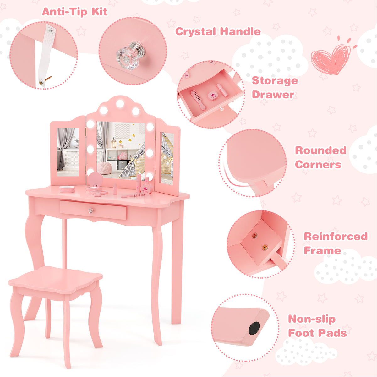 Kid Vanity Table Stool Set with Tri-Folding Mirror and Pink 3-Color LED Lights