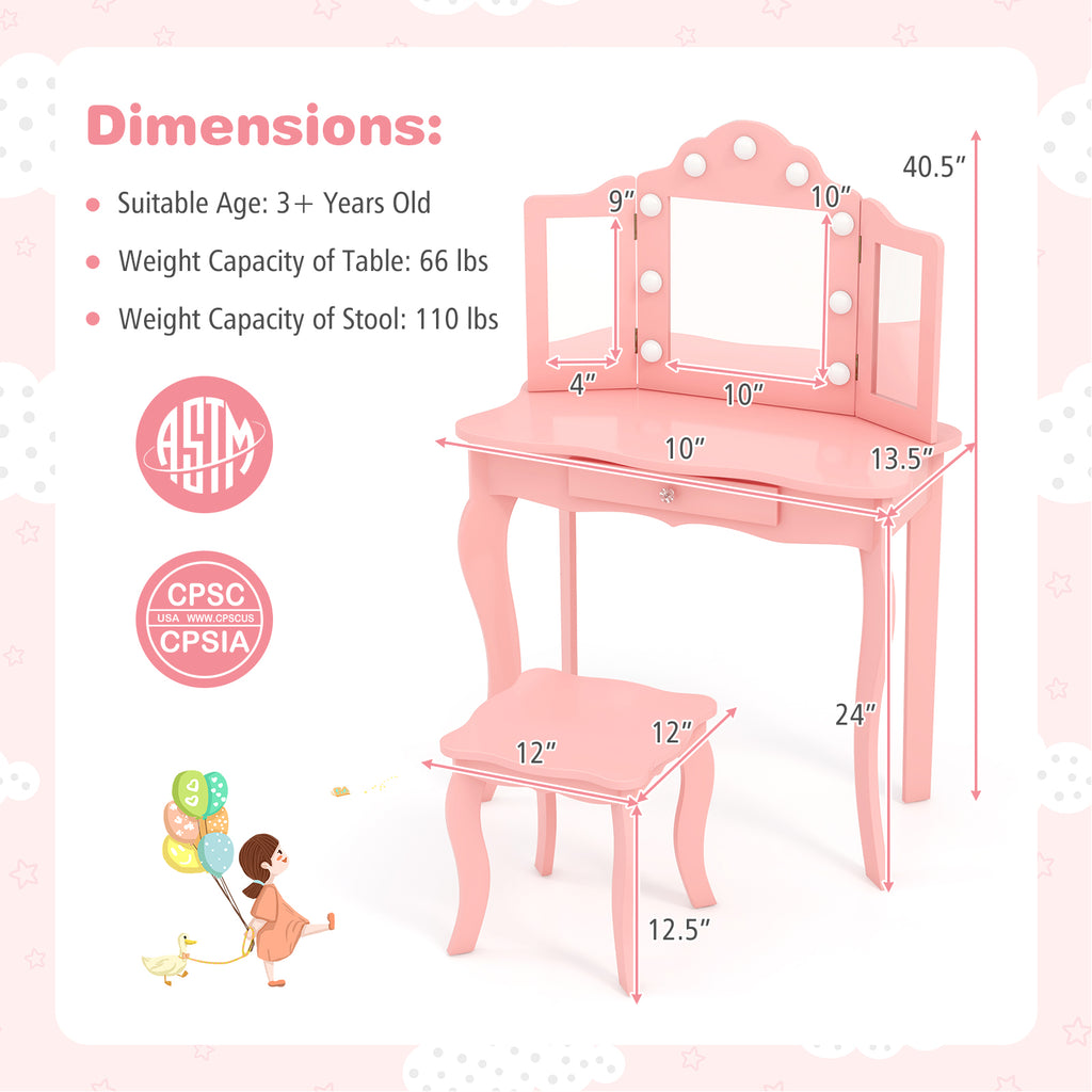 Kid Vanity Table Stool Set with Tri-Folding Mirror and Pink 3-Color LED Lights