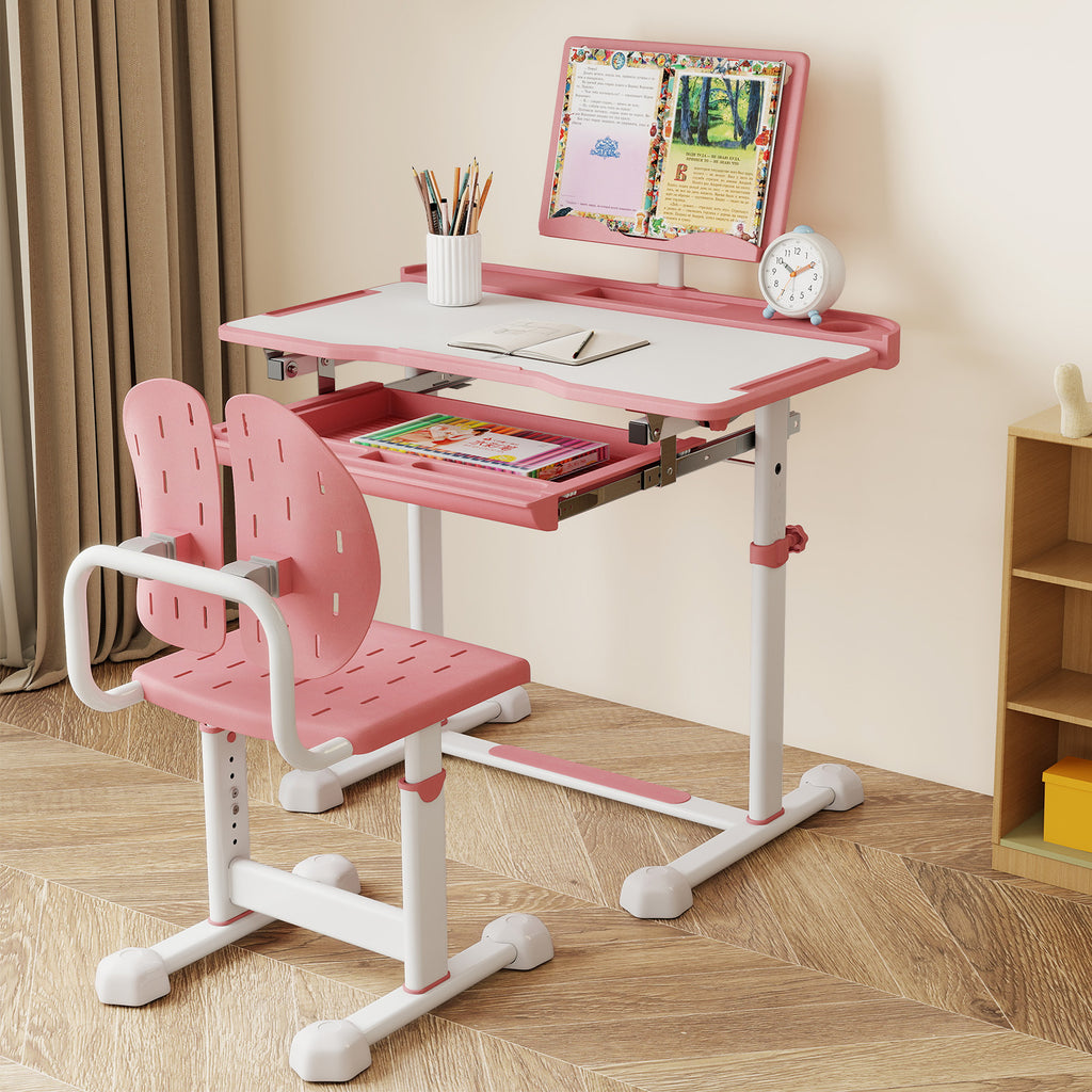 Kids Study Desk and Chair Set with Tilt Desktop and Book Stand - Pink, Adjustable Height
