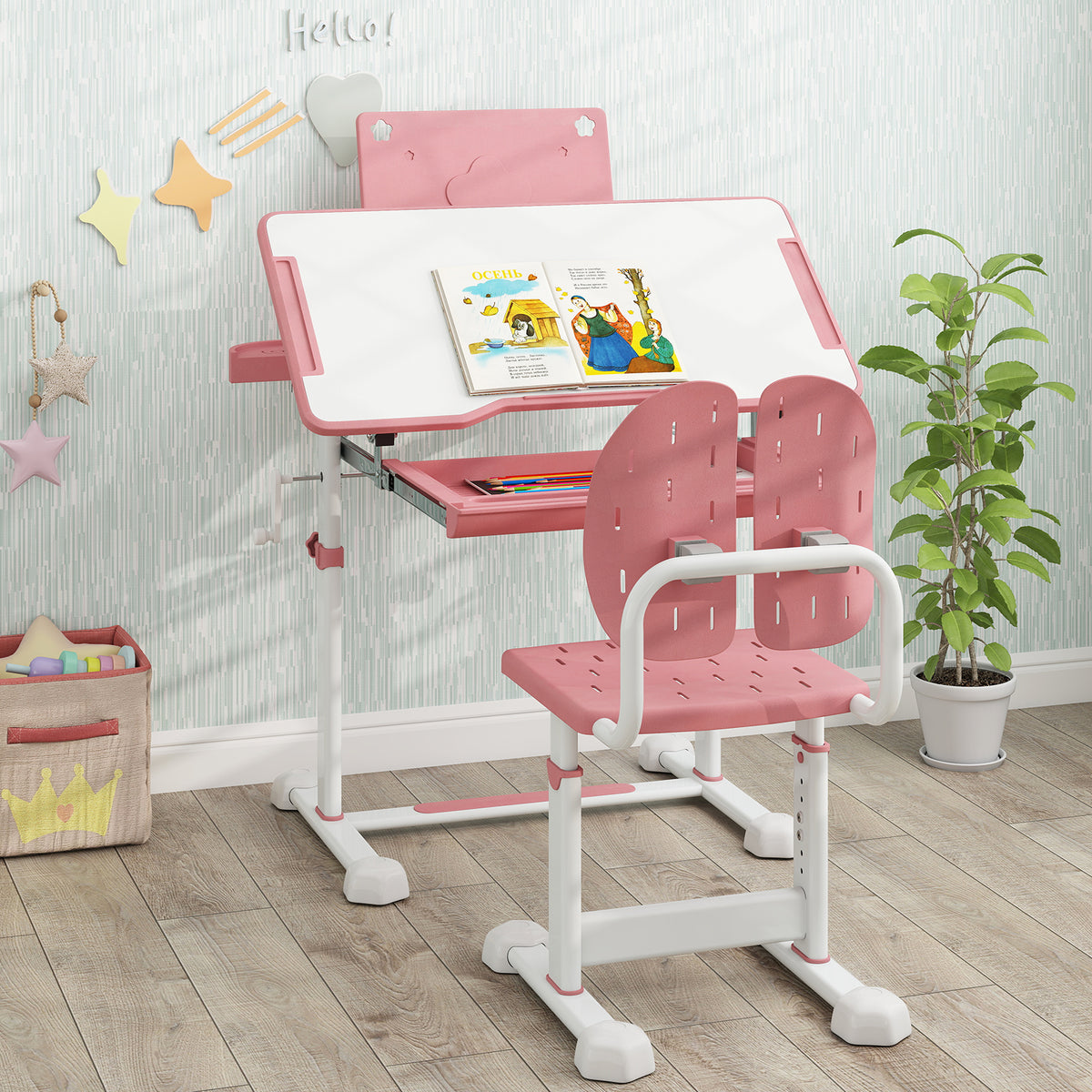 Kids Study Desk and Chair Set with Tilt Desktop and Book Stand - Pink, Adjustable Height