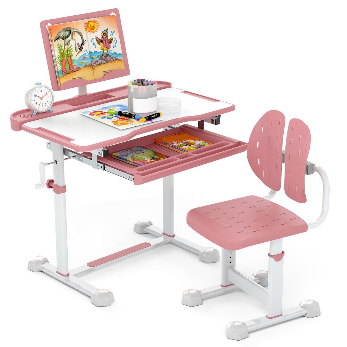 Kids Study Desk and Chair Set with Tilt Desktop and Book Stand - Pink, Adjustable Height