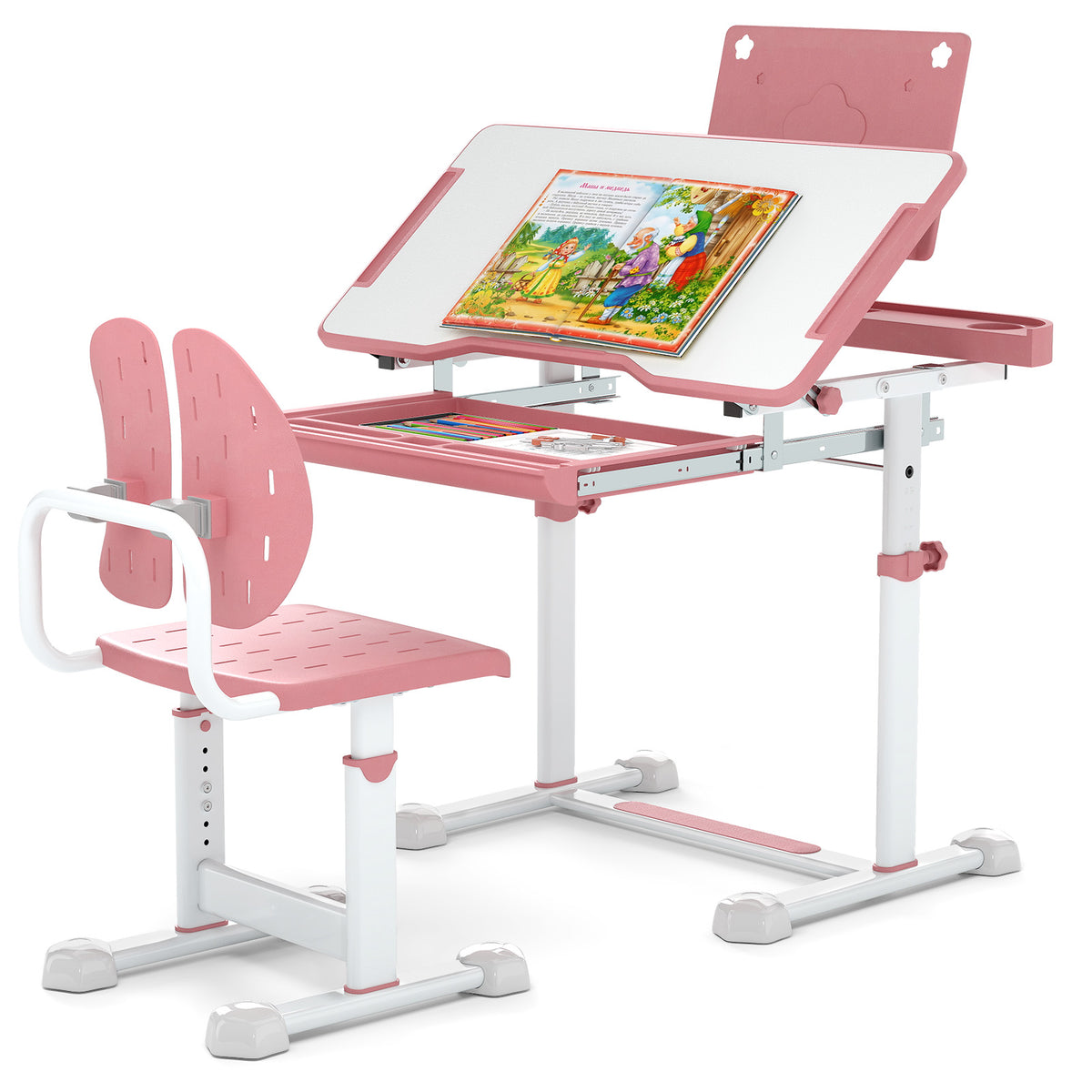Kids Study Desk and Chair Set with Tilt Desktop and Book Stand - Pink, Adjustable Height