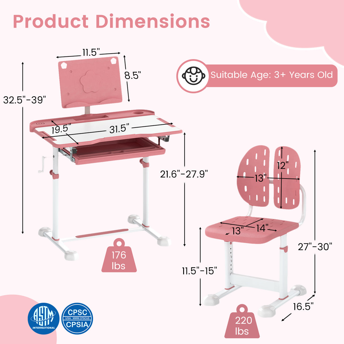 Kids Study Desk and Chair Set with Tilt Desktop and Book Stand - Pink, Adjustable Height
