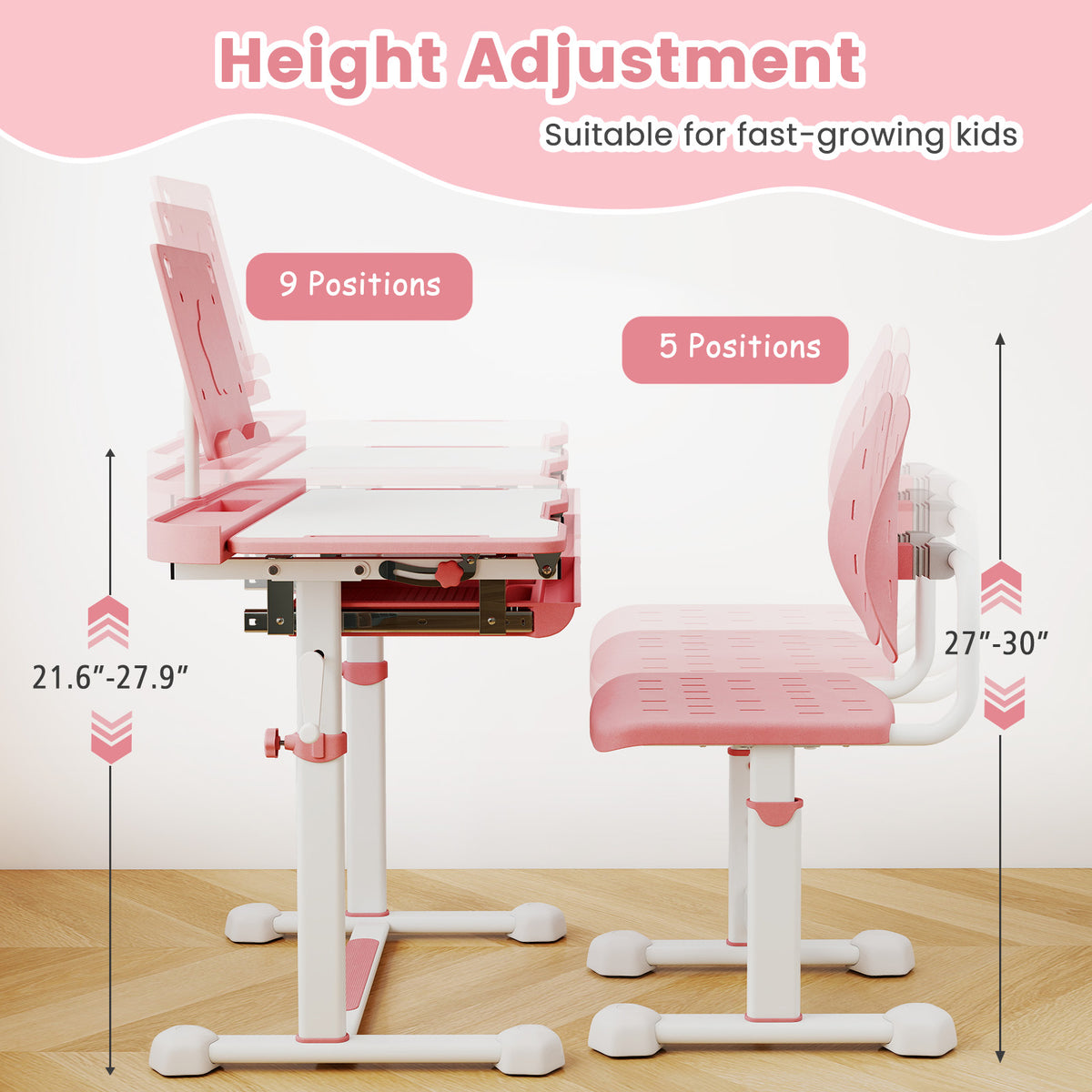 Kids Study Desk and Chair Set with Tilt Desktop and Book Stand - Pink, Adjustable Height