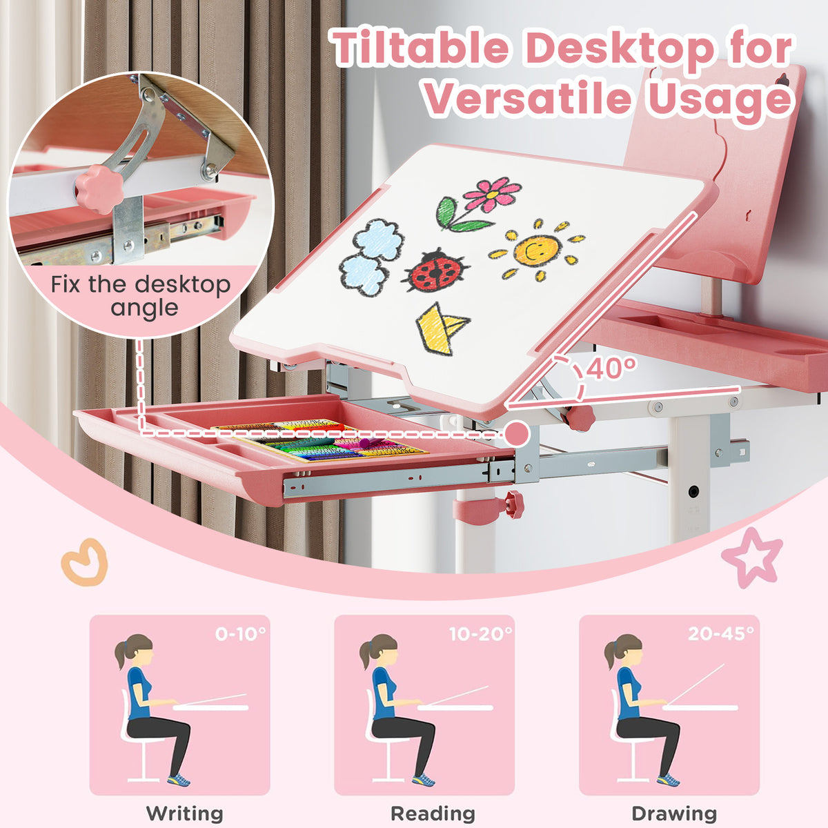 Kids Study Desk and Chair Set with Tilt Desktop and Book Stand - Pink, Adjustable Height