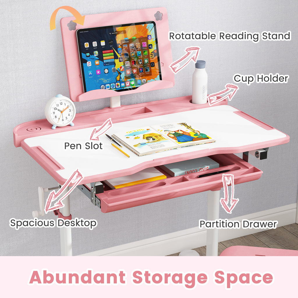Kids Study Desk and Chair Set with Tilt Desktop and Book Stand - Pink, Adjustable Height
