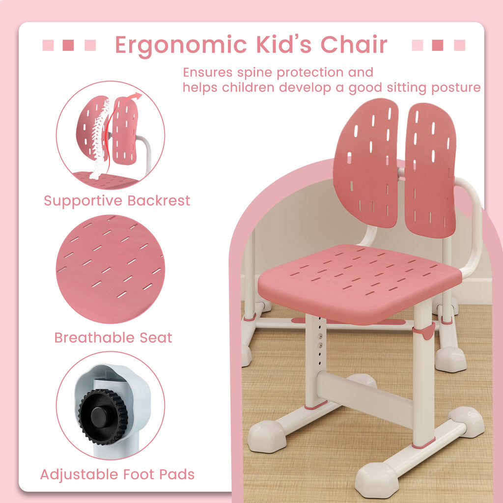 Kids Study Desk and Chair Set with Tilt Desktop and Book Stand - Pink, Adjustable Height