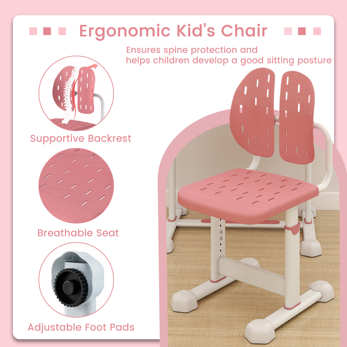 Kids Study Desk and Chair Set with Tilt Desktop and Book Stand - Pink, Adjustable Height