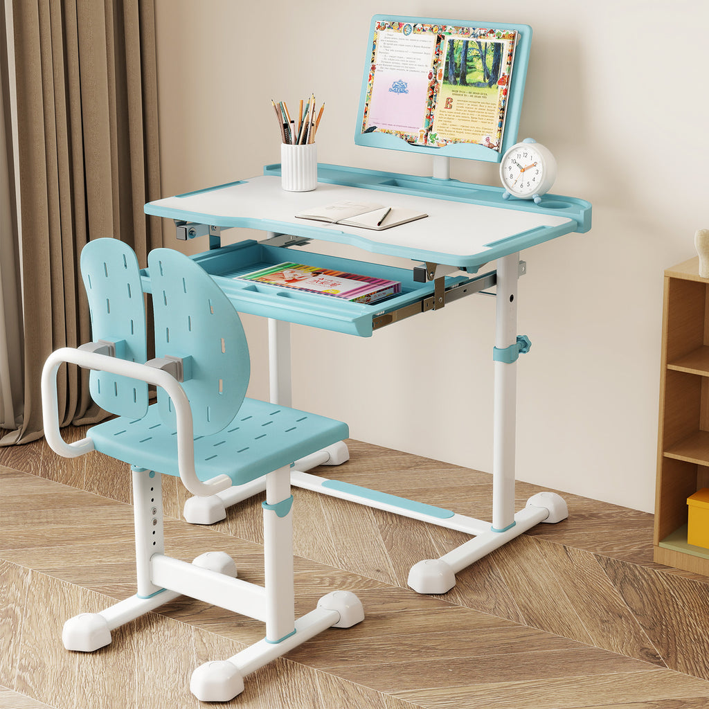 Kids Study Desk and Chair Set with Tilt Desktop, Book Stand & Blue Variation