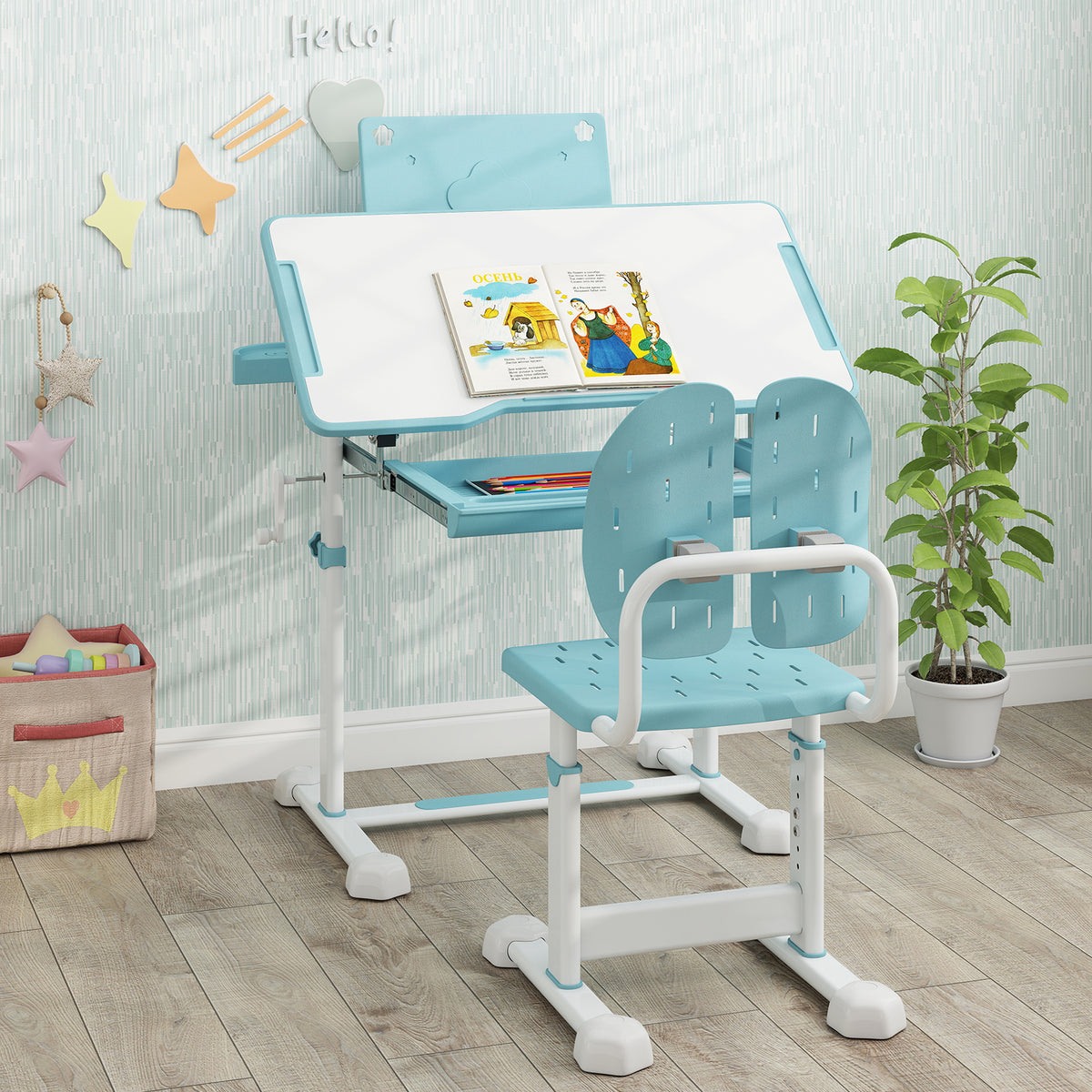 Kids Study Desk and Chair Set with Tilt Desktop, Book Stand & Blue Variation
