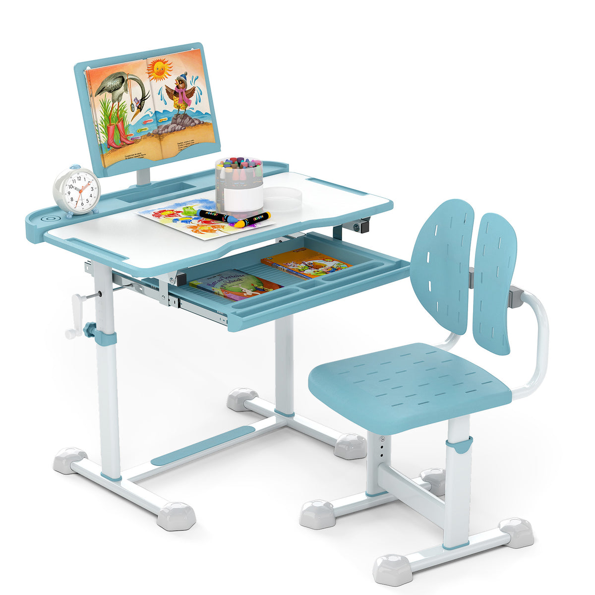Kids Study Desk and Chair Set with Tilt Desktop, Book Stand & Blue Variation