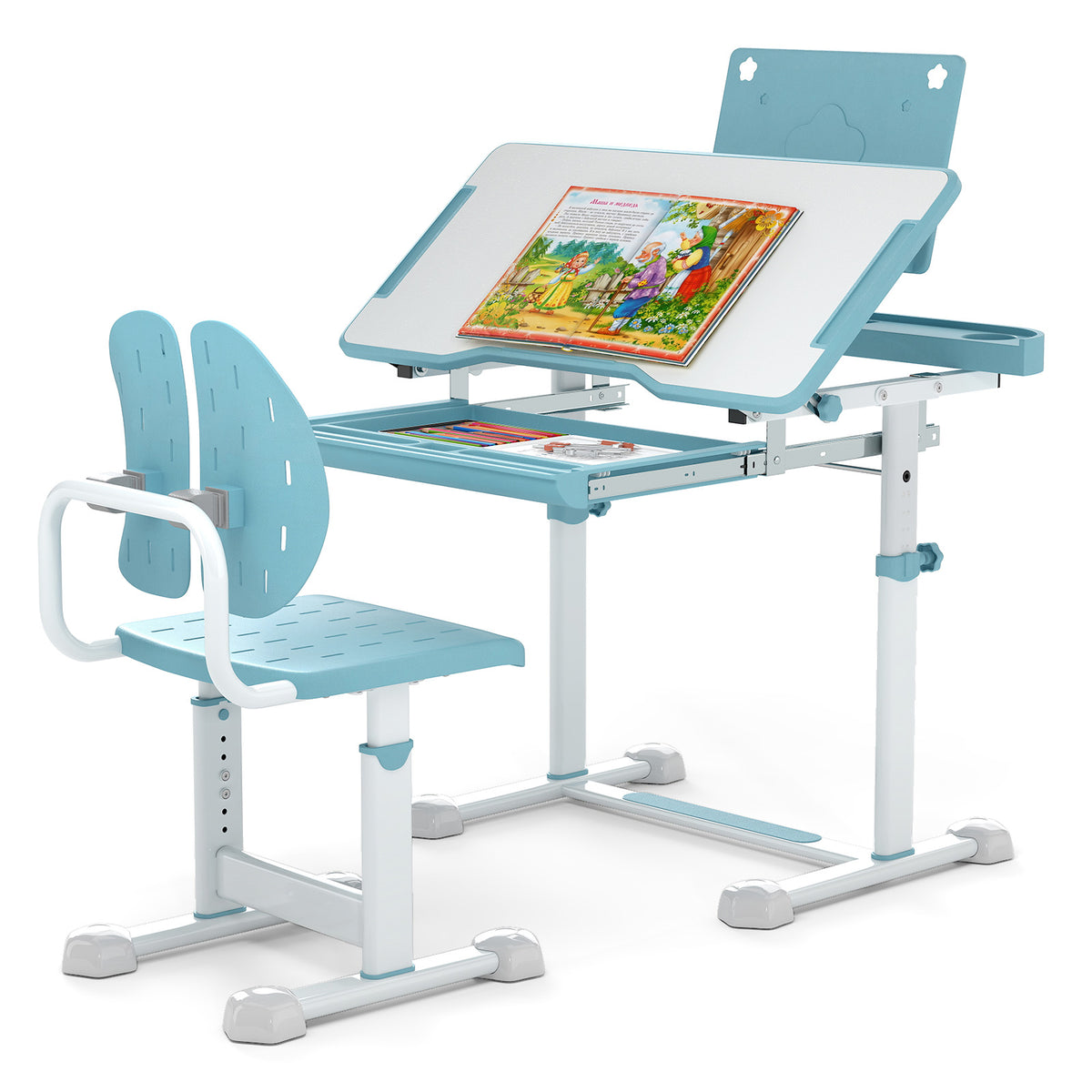 Kids Study Desk and Chair Set with Tilt Desktop, Book Stand & Blue Variation