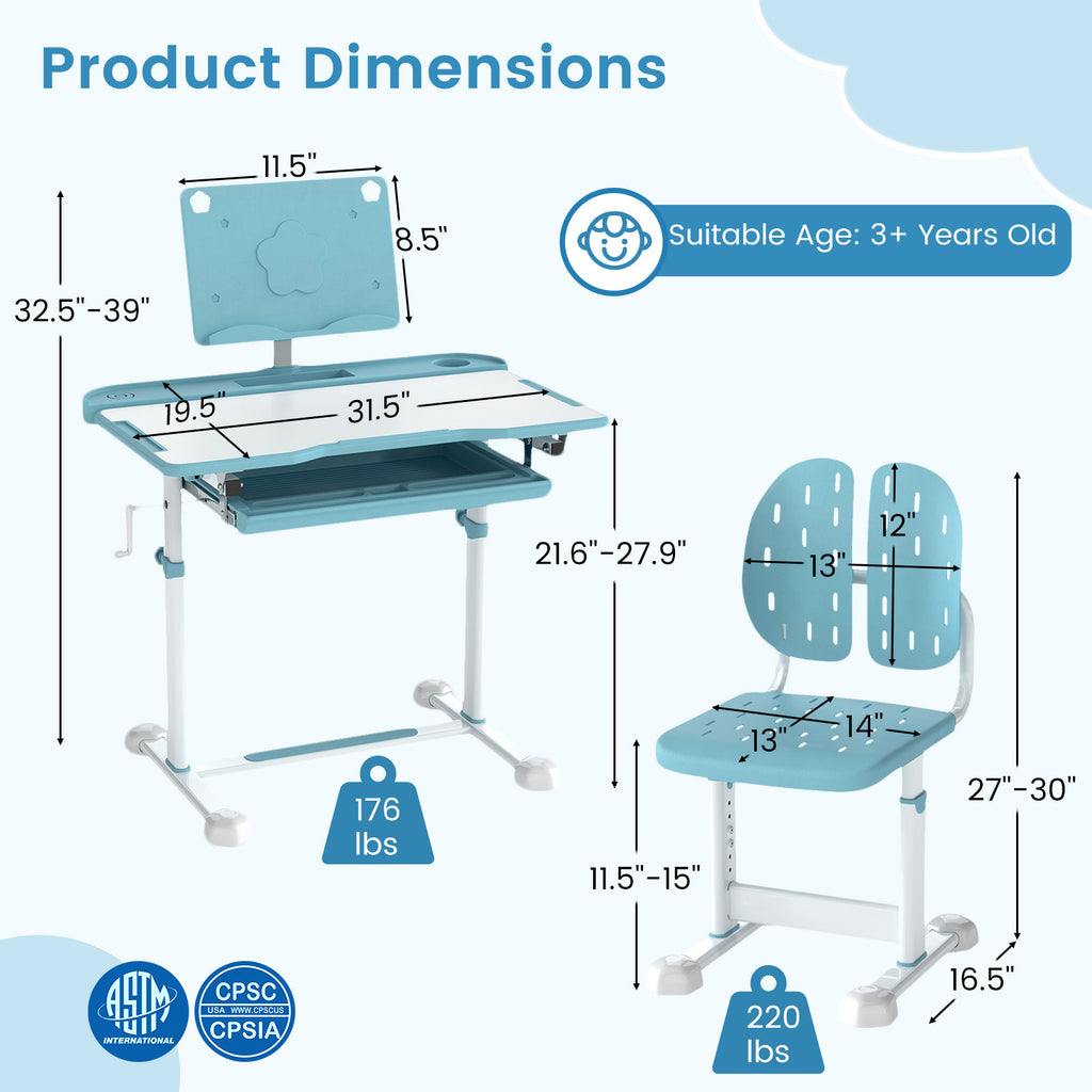 Kids Study Desk and Chair Set with Tilt Desktop, Book Stand & Blue Variation