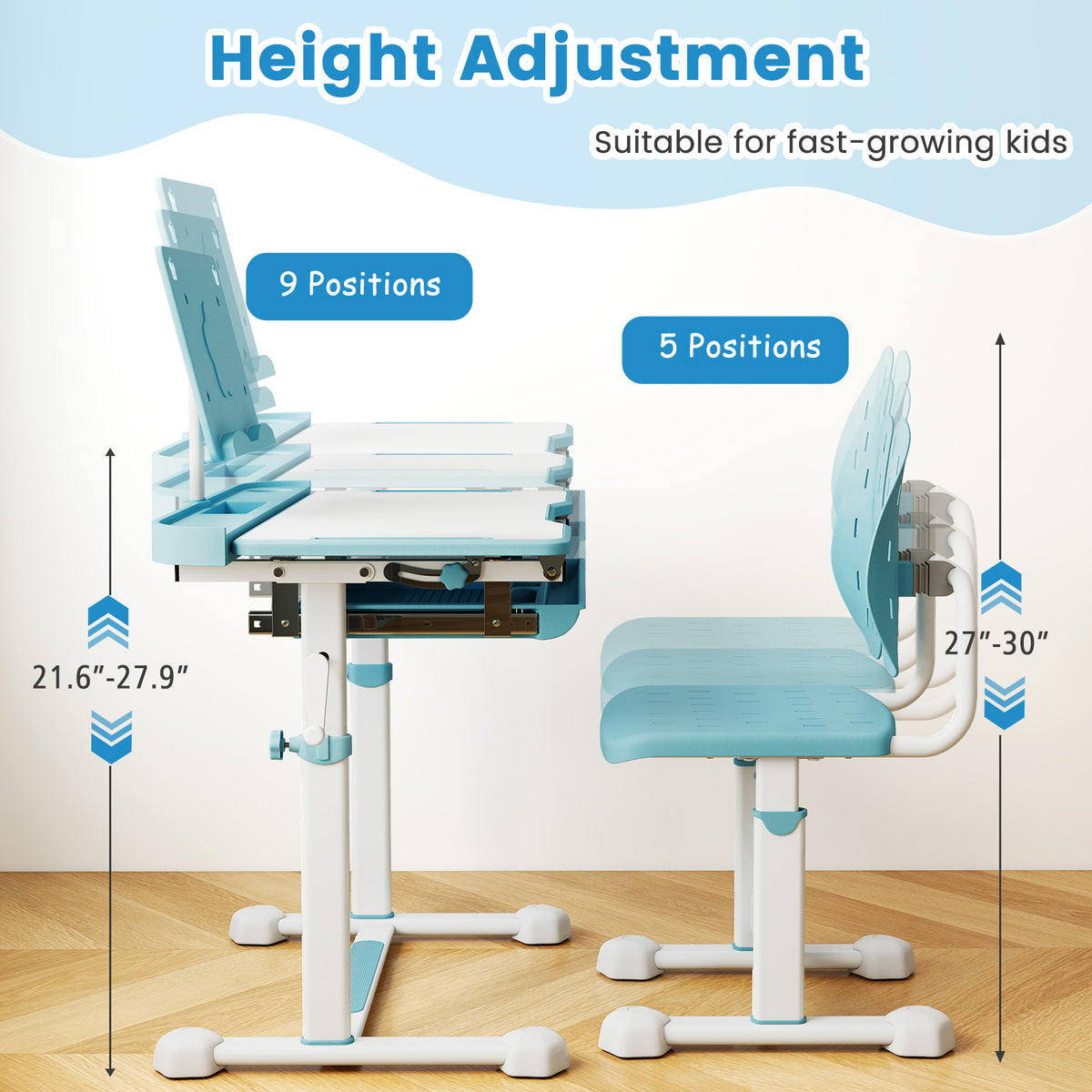 Kids Study Desk and Chair Set with Tilt Desktop, Book Stand & Blue Variation