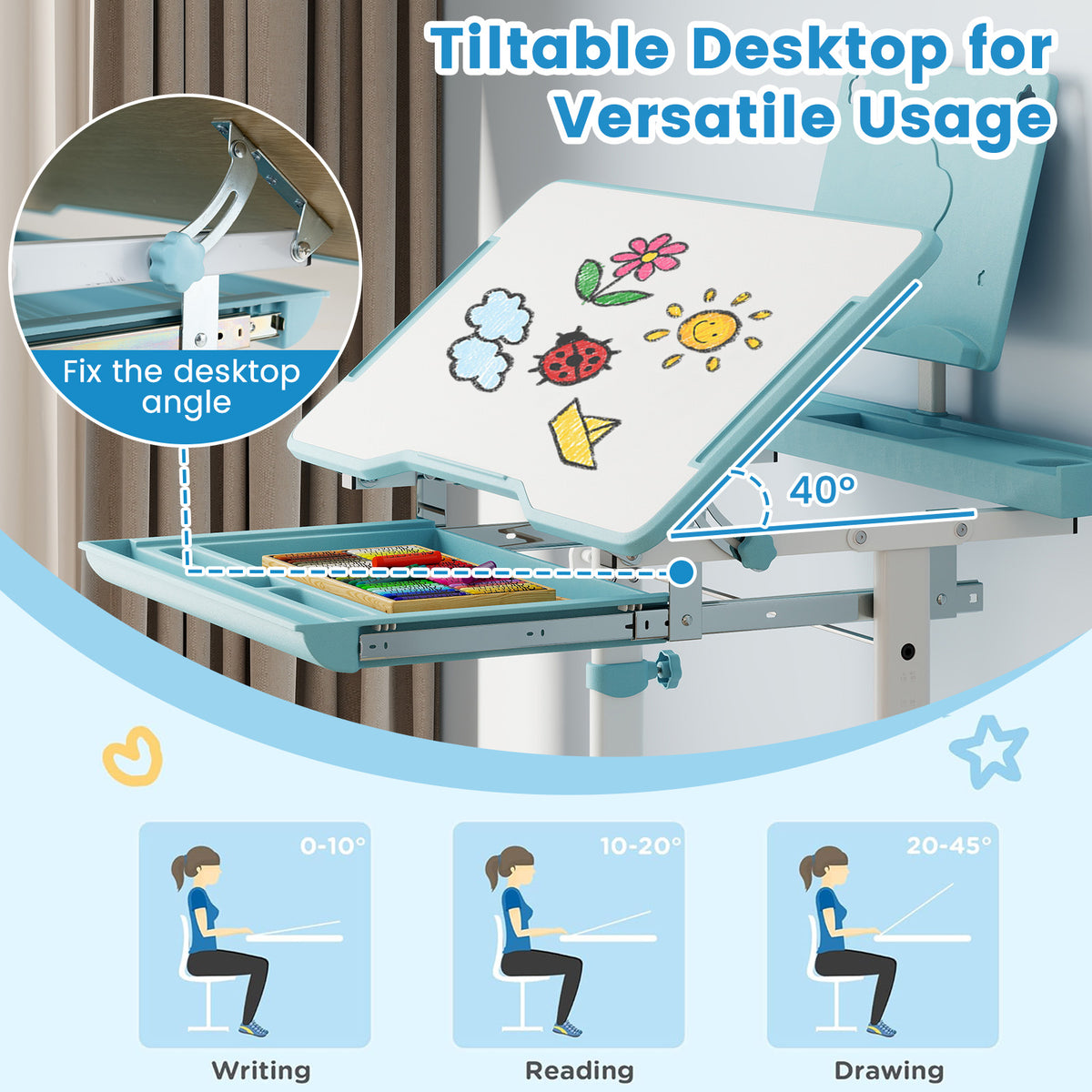 Kids Study Desk and Chair Set with Tilt Desktop, Book Stand & Blue Variation