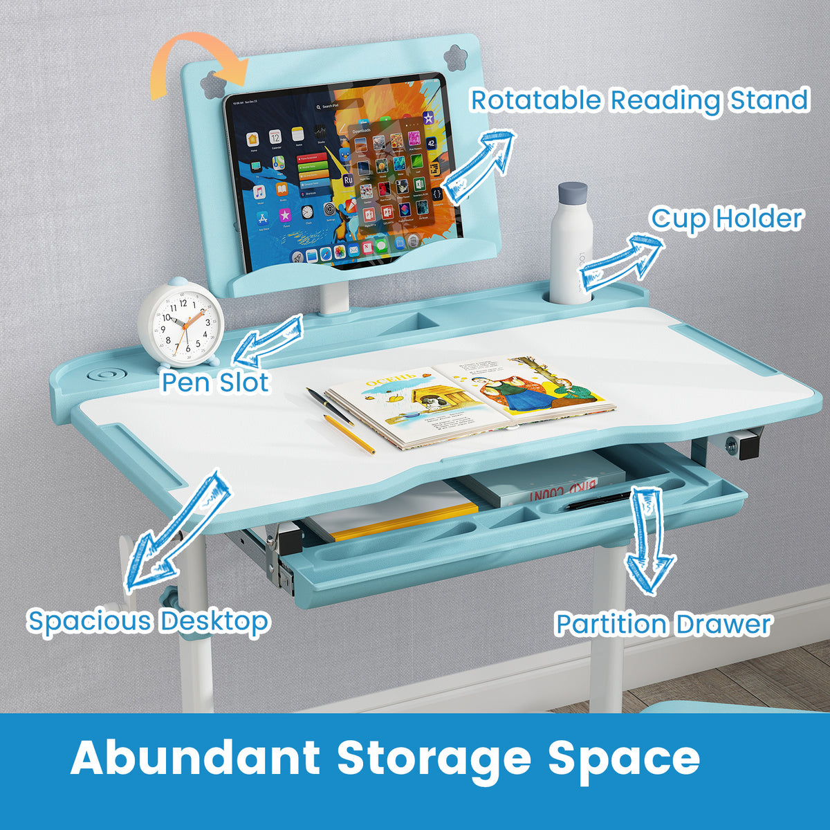 Kids Study Desk and Chair Set with Tilt Desktop, Book Stand & Blue Variation