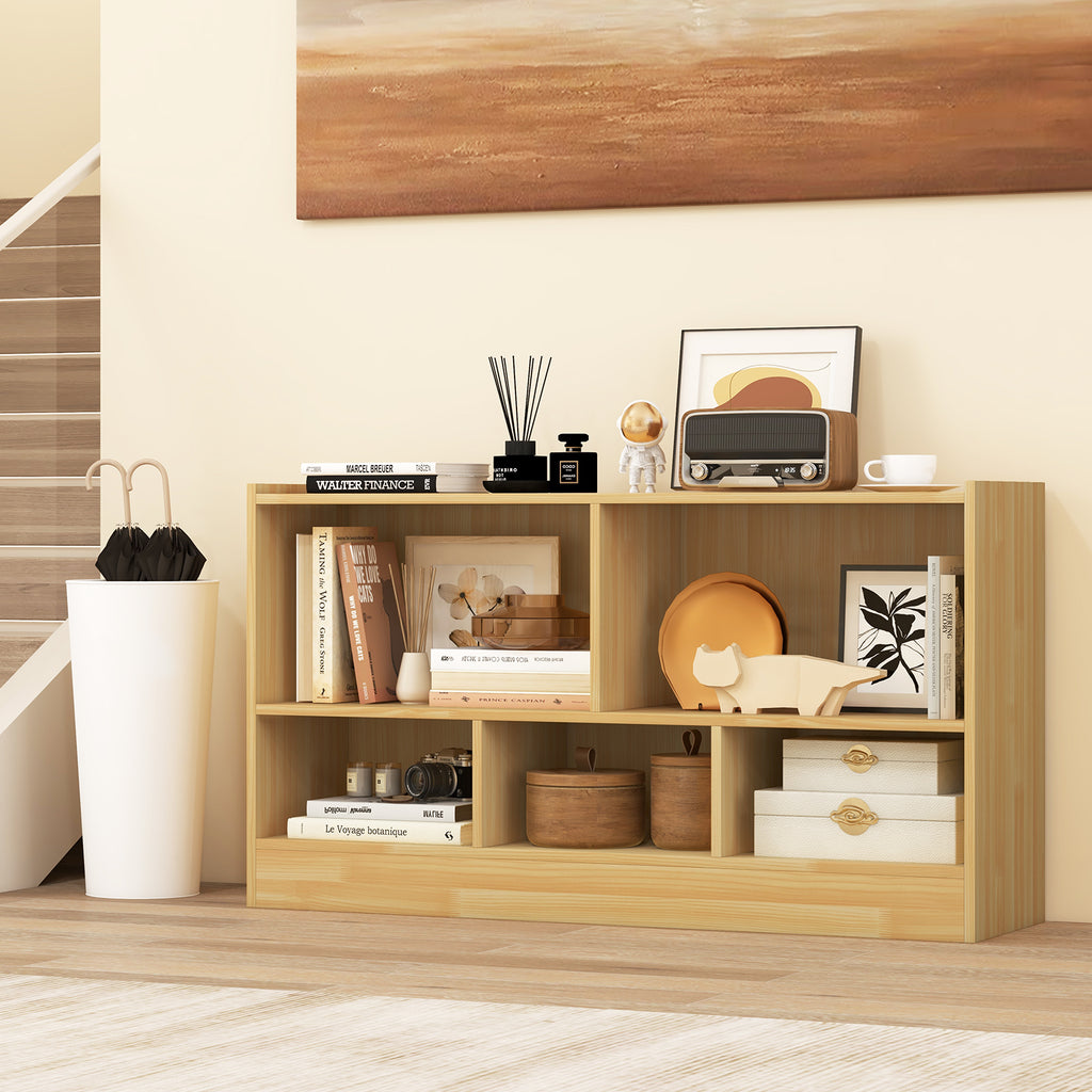 Kids 2-Shelf Bookcase with 5 Cubes - Beige Wooden Toy Storage Cabinet