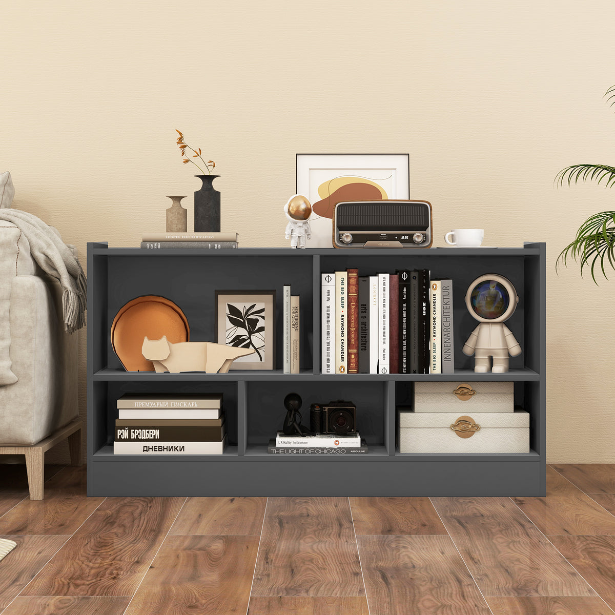 Kids 2-Shelf Bookcase Gray with 5 Cubes Toy Storage Organizer