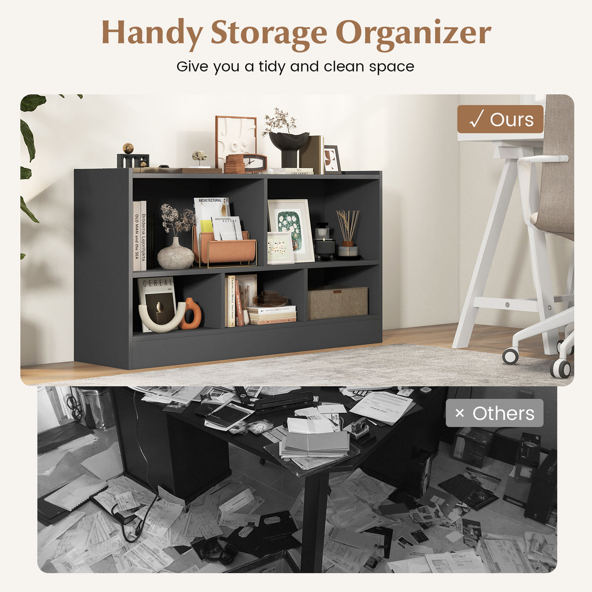 Kids 2-Shelf Bookcase Gray with 5 Cubes Toy Storage Organizer