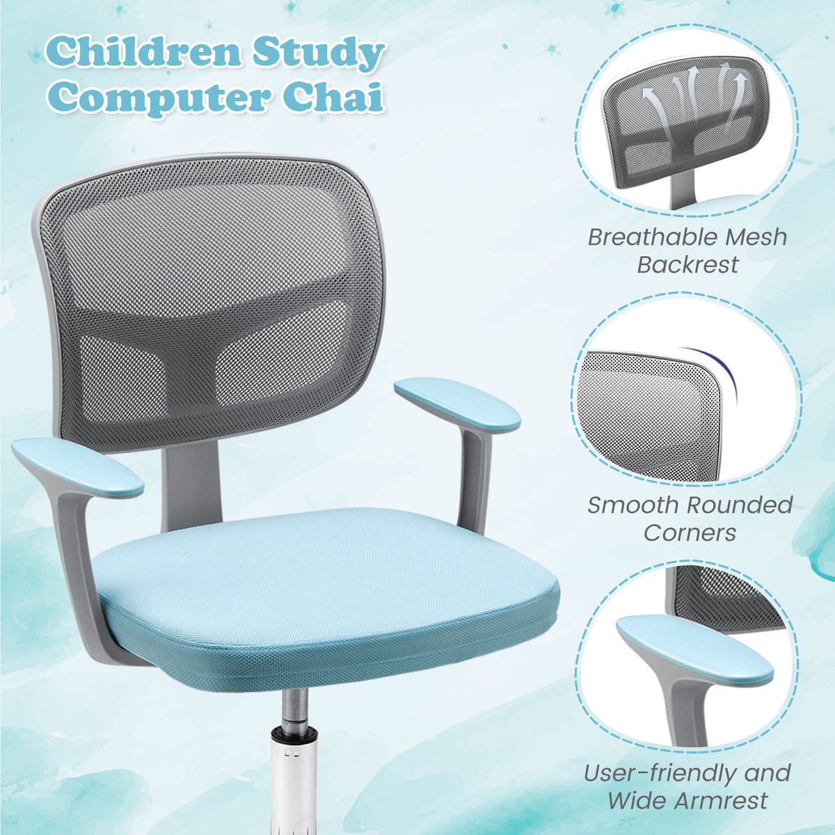 Adjustable Kids Desk Chair with 5 Casters - Blue, Ergonomic Support