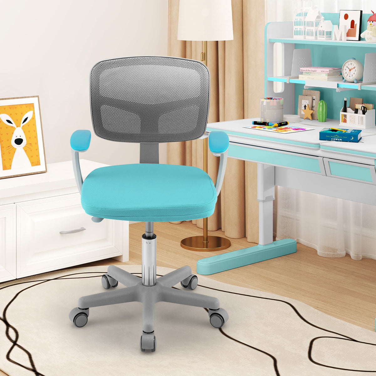 Adjustable Kids Desk Chair with 5 Casters - Turquoise Ergonomic Support
