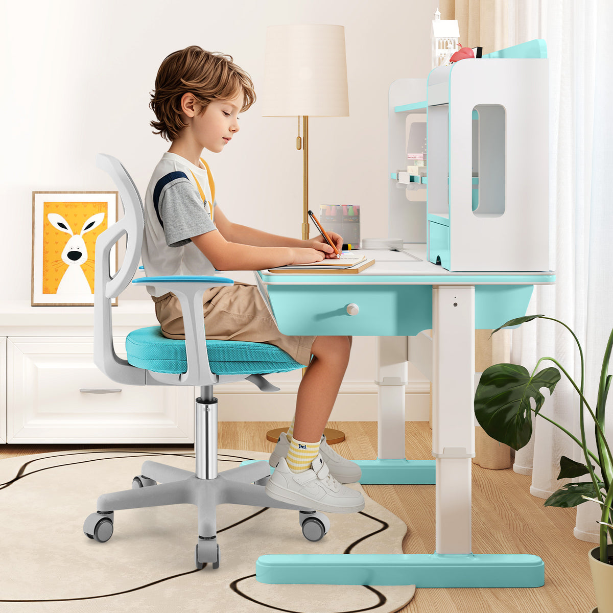 Adjustable Kids Desk Chair with 5 Casters - Turquoise Ergonomic Support