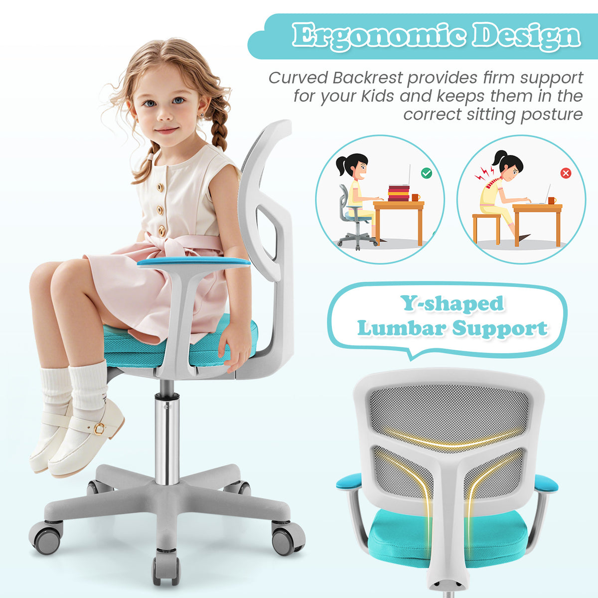 Adjustable Kids Desk Chair with 5 Casters - Turquoise Ergonomic Support