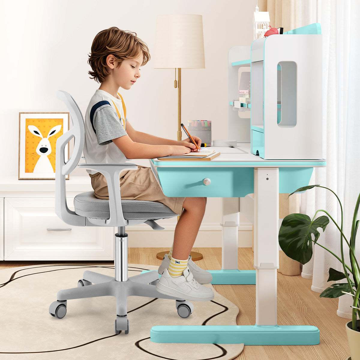 Adjustable Kids Desk Chair Gray with 5 Casters and Lumbar Support