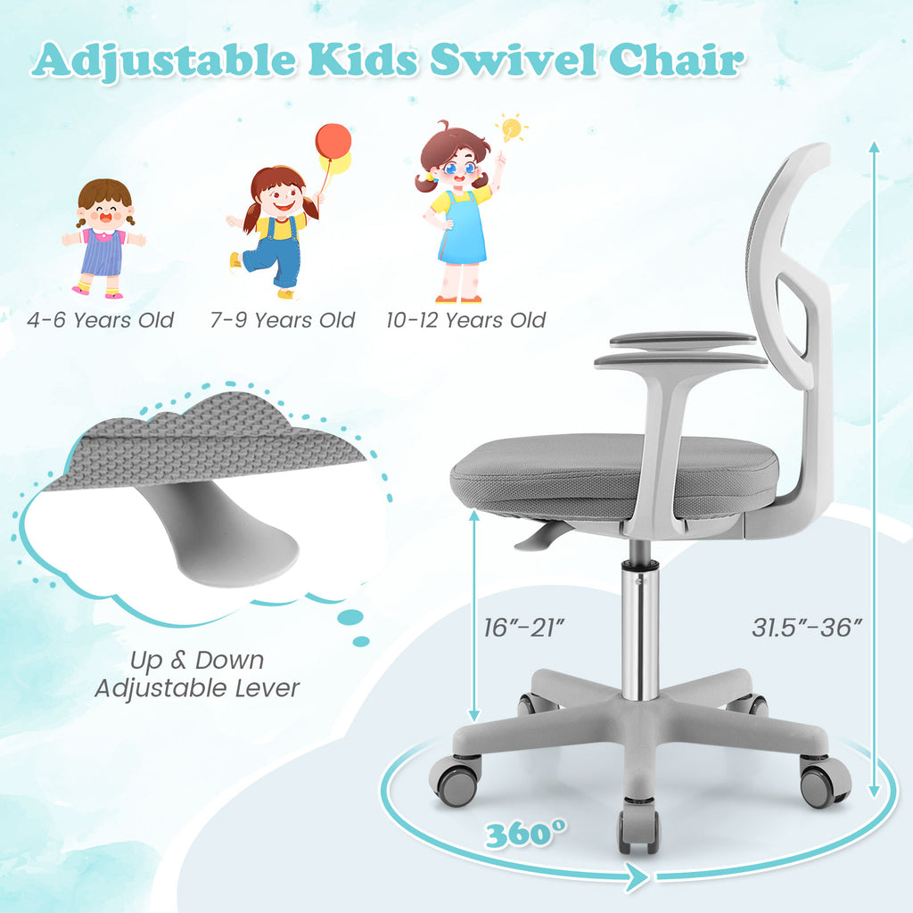 Adjustable Kids Desk Chair Gray with 5 Casters and Lumbar Support