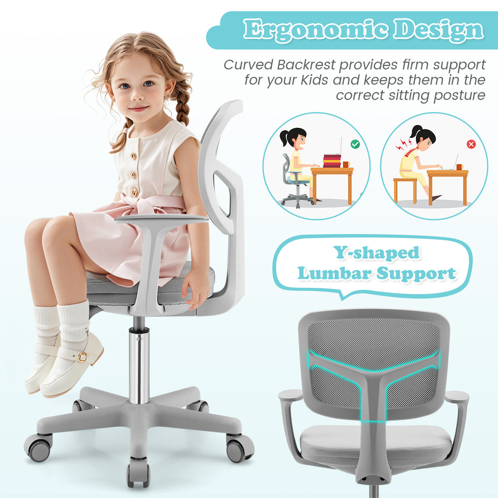 Adjustable Kids Desk Chair Gray with 5 Casters and Lumbar Support