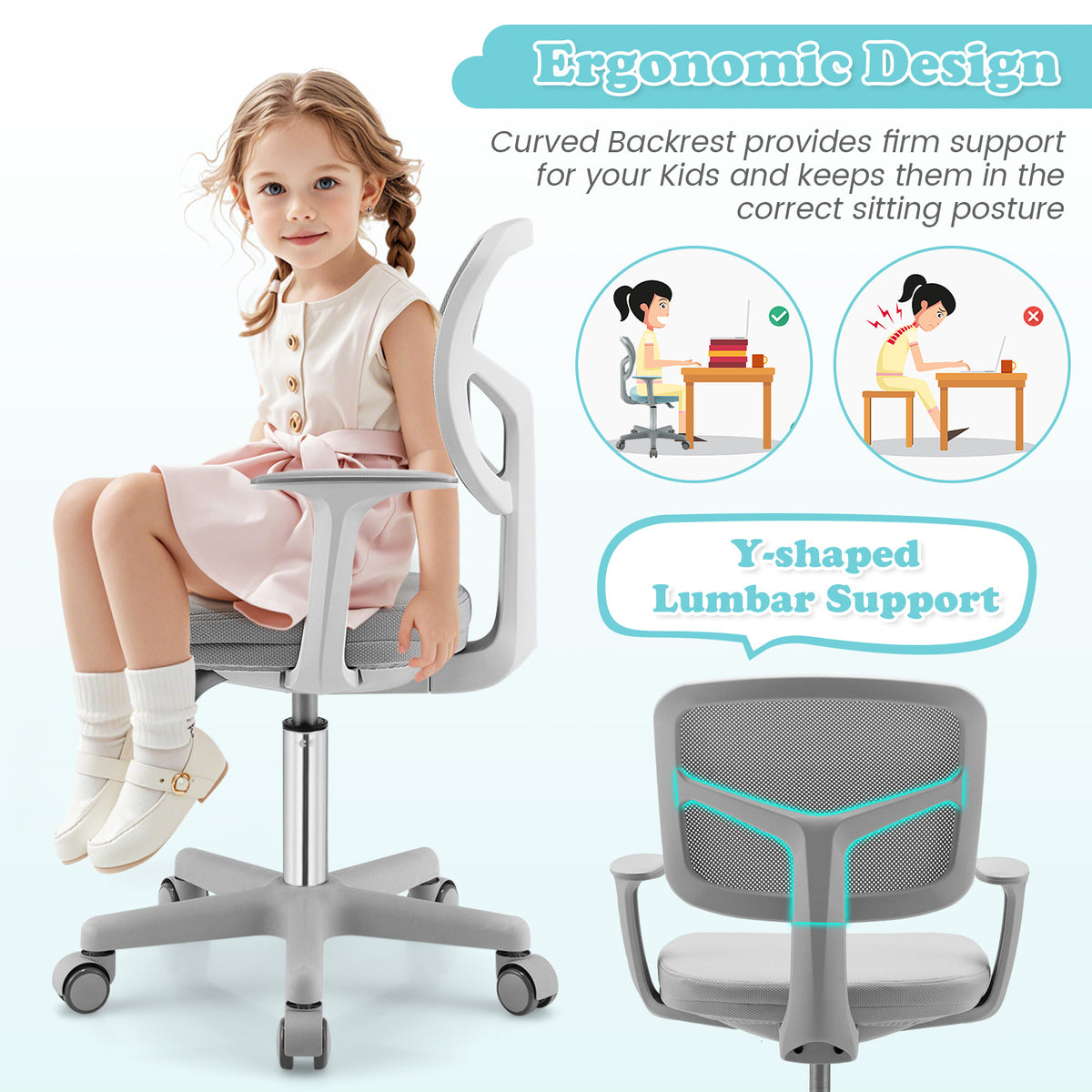 Adjustable Kids Desk Chair Gray with 5 Casters and Lumbar Support