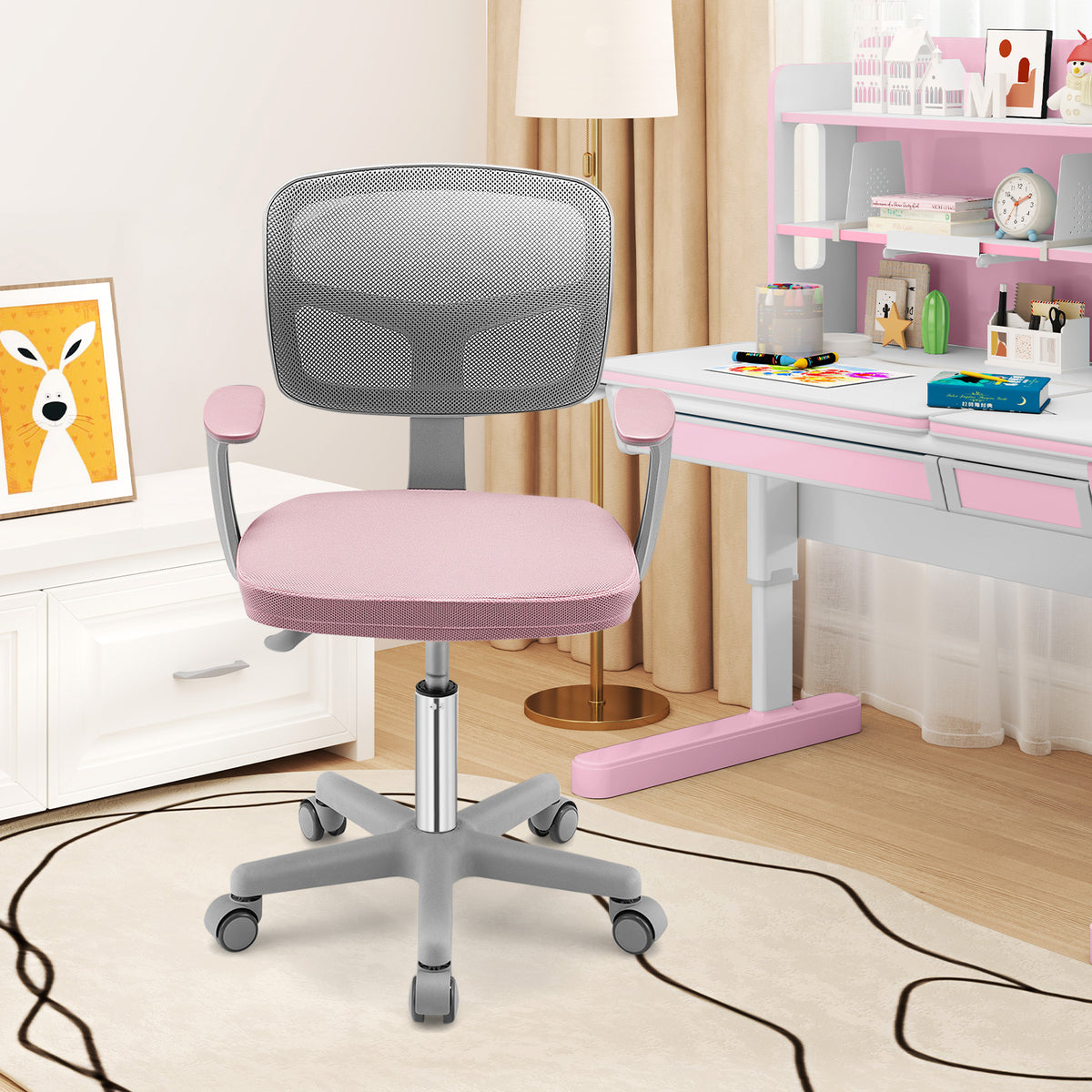 Kids Adjustable Desk Chair Pink with 5 Casters & Lumbar Support