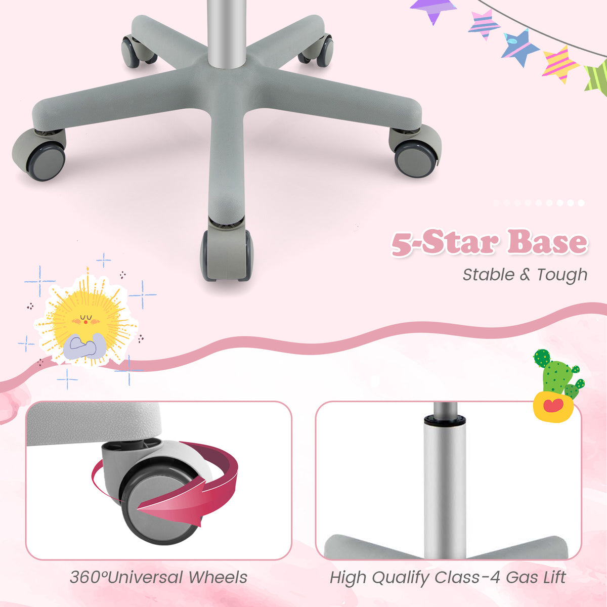 Kids Adjustable Desk Chair Pink with 5 Casters & Lumbar Support