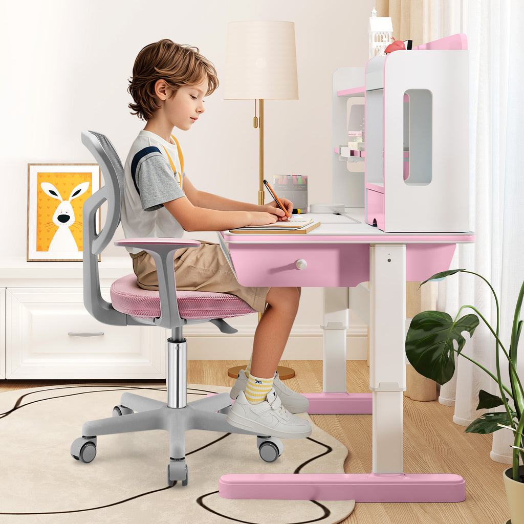 Kids Adjustable Desk Chair Pink with 5 Casters & Lumbar Support