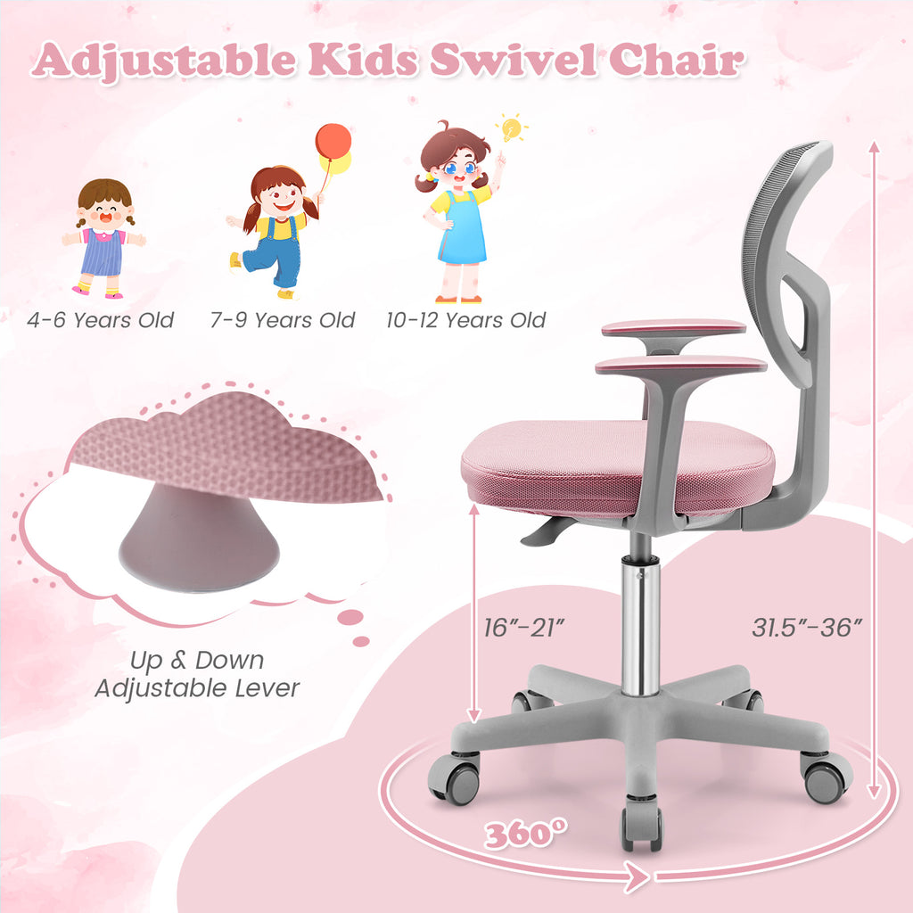 Kids Adjustable Desk Chair Pink with 5 Casters & Lumbar Support