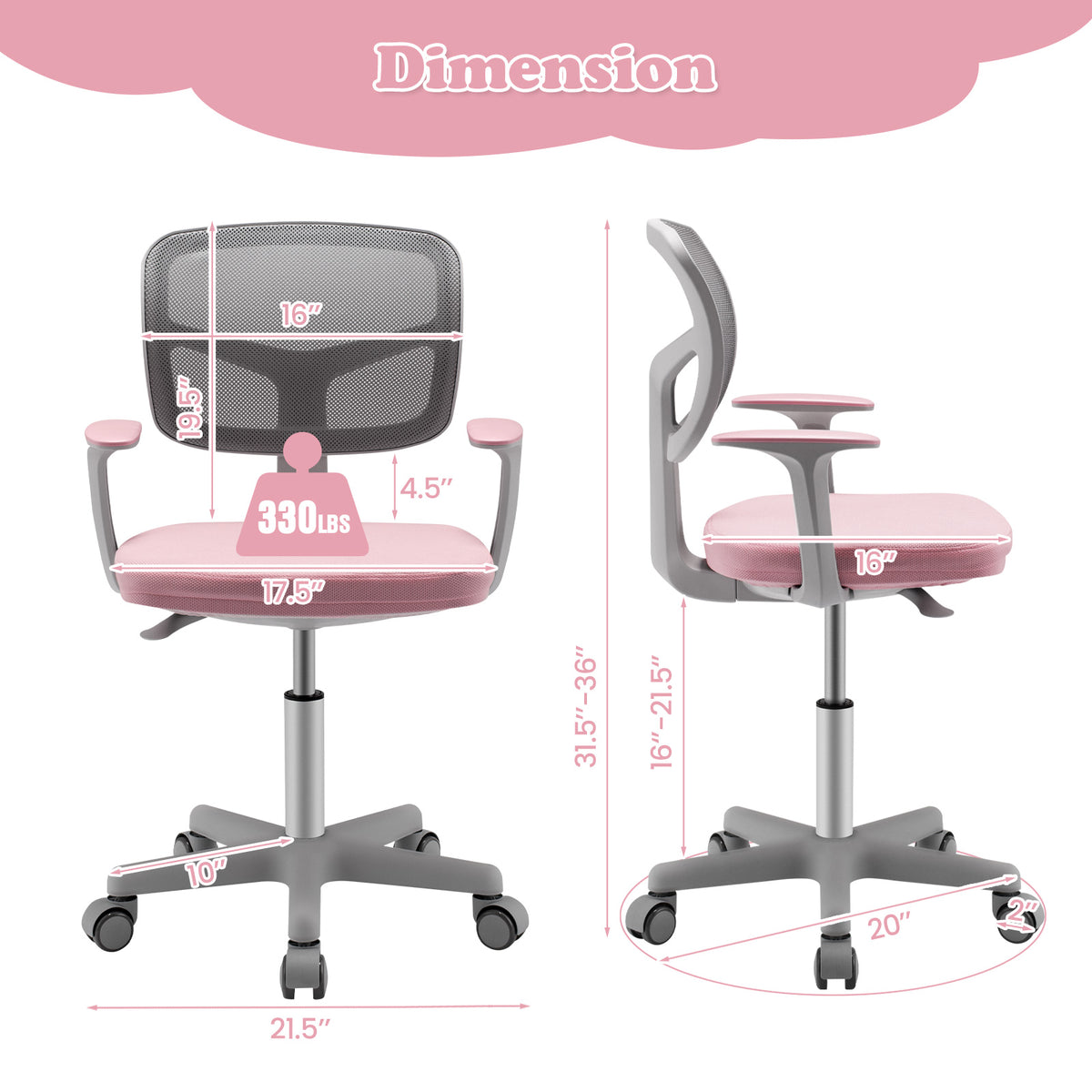Kids Adjustable Desk Chair Pink with 5 Casters & Lumbar Support