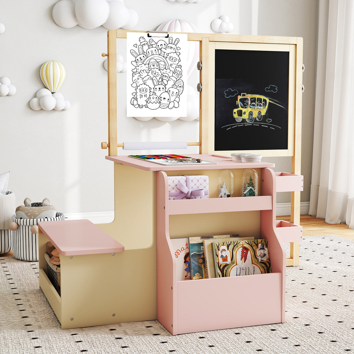 Kids Art Center Wooden Table Bench Set - Pink, Multi-Functional Children's Play & Learning Furniture