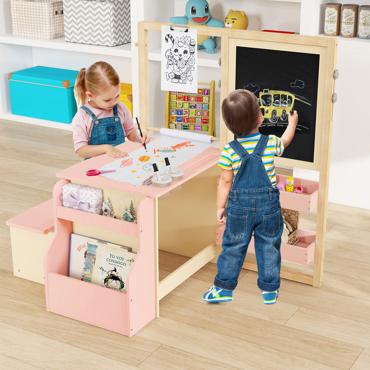 Kids Art Center Wooden Table Bench Set - Pink, Multi-Functional Children's Play & Learning Furniture