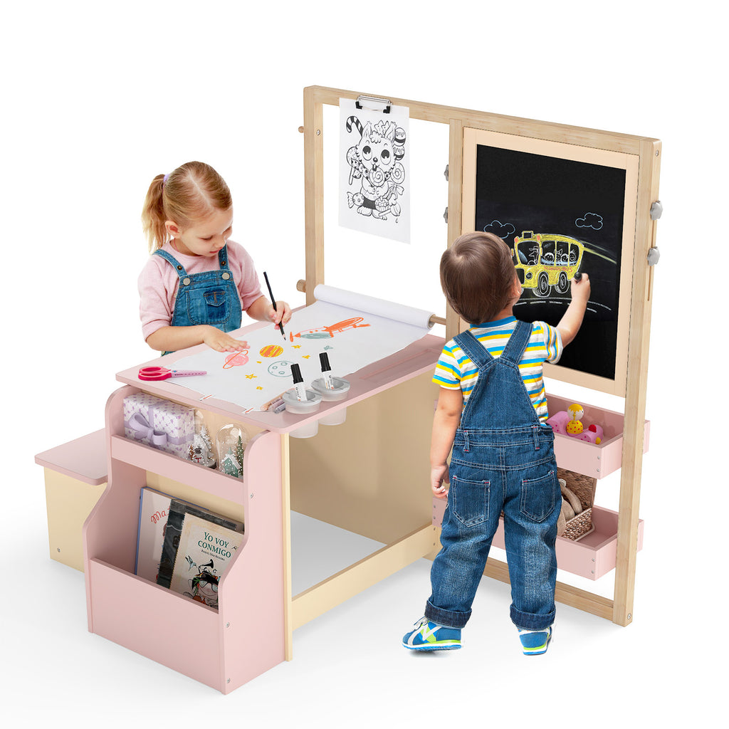 Kids Art Center Wooden Table Bench Set - Pink, Multi-Functional Children's Play & Learning Furniture
