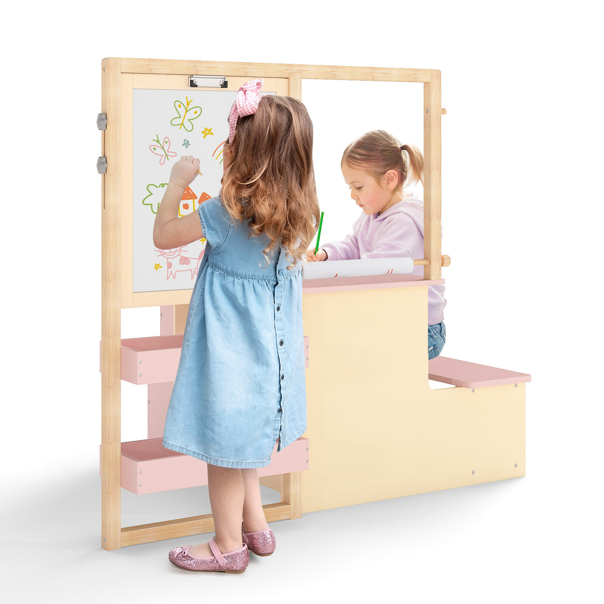 Kids Art Center Wooden Table Bench Set - Pink, Multi-Functional Children's Play & Learning Furniture