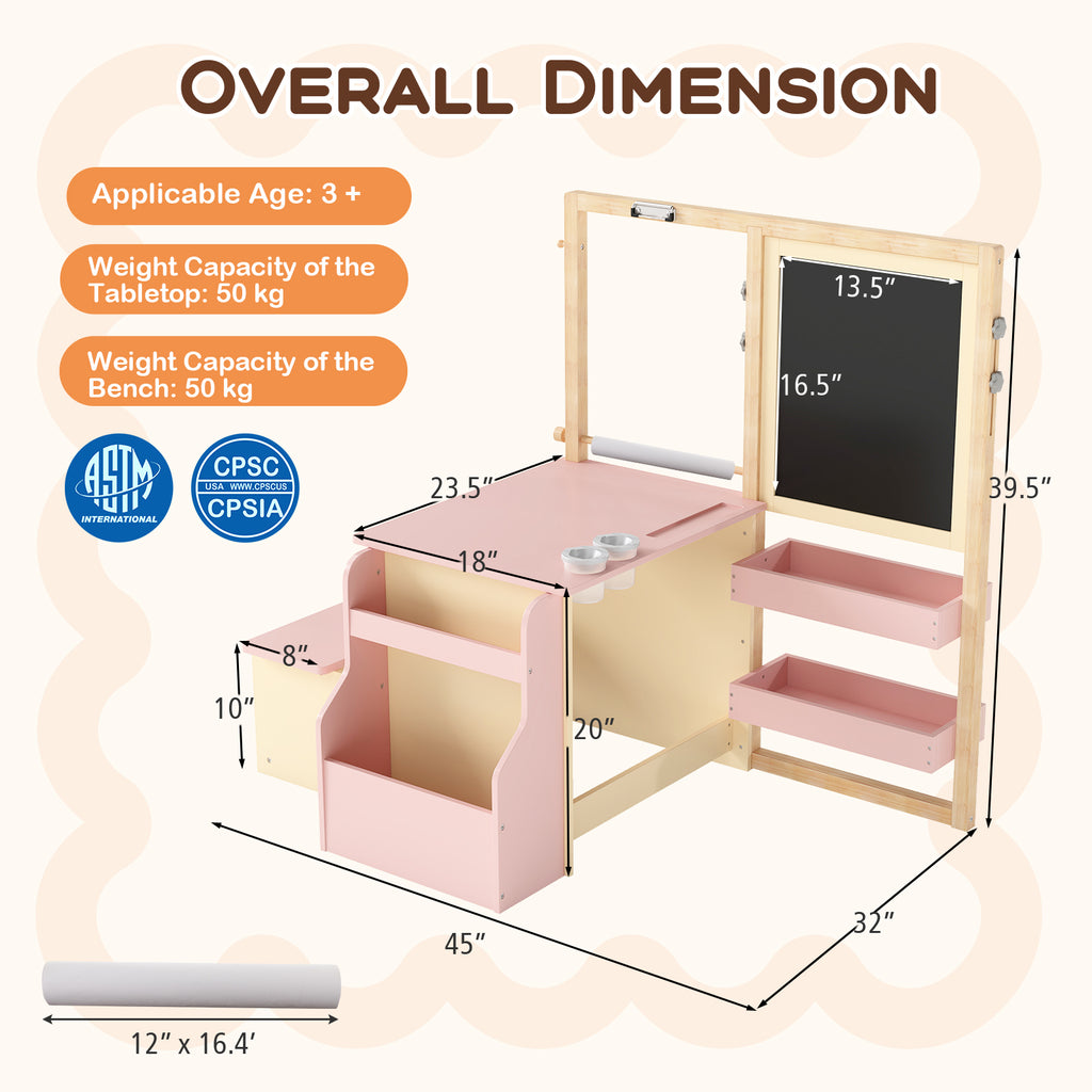 Kids Art Center Wooden Table Bench Set - Pink, Multi-Functional Children's Play & Learning Furniture