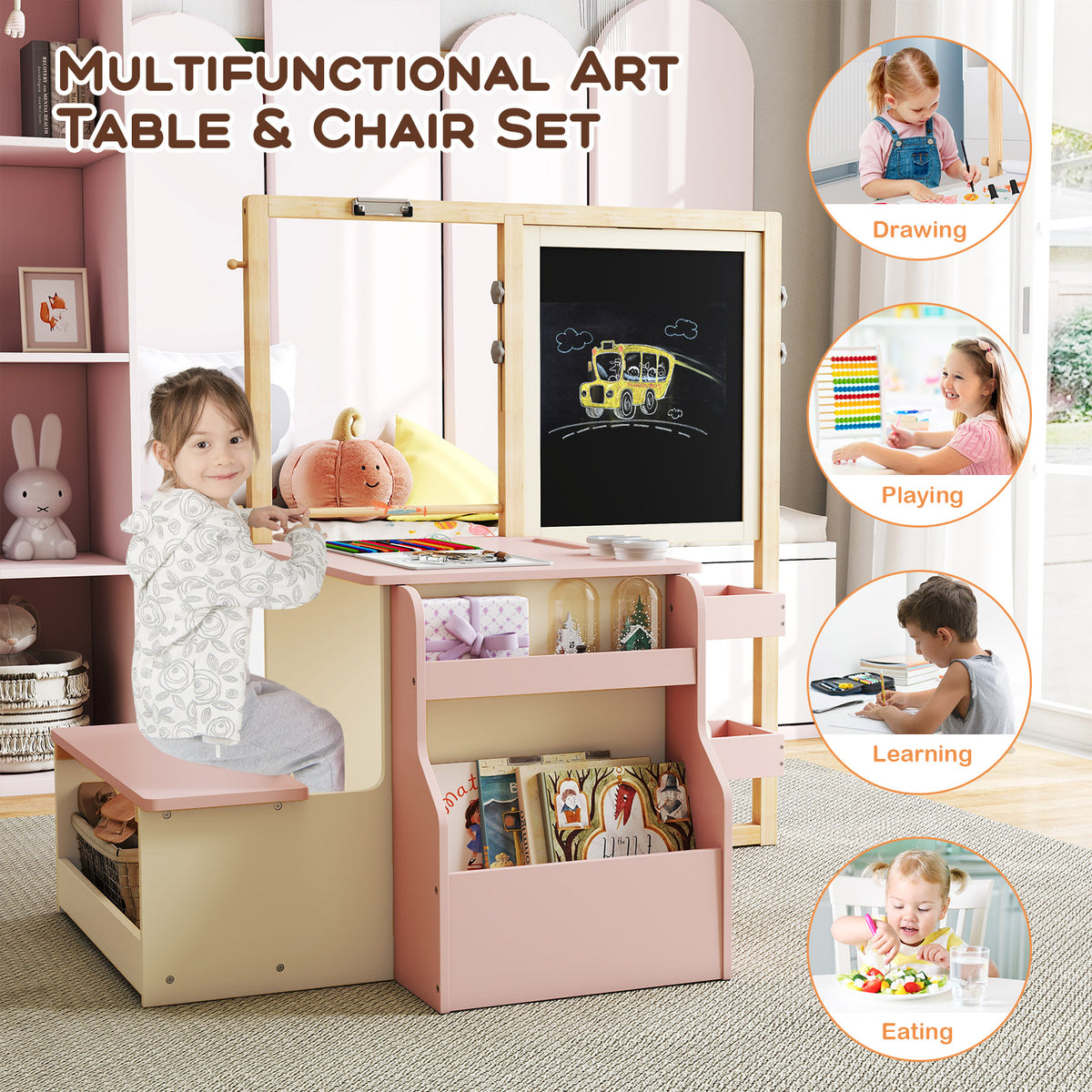 Kids Art Center Wooden Table Bench Set - Pink, Multi-Functional Children's Play & Learning Furniture