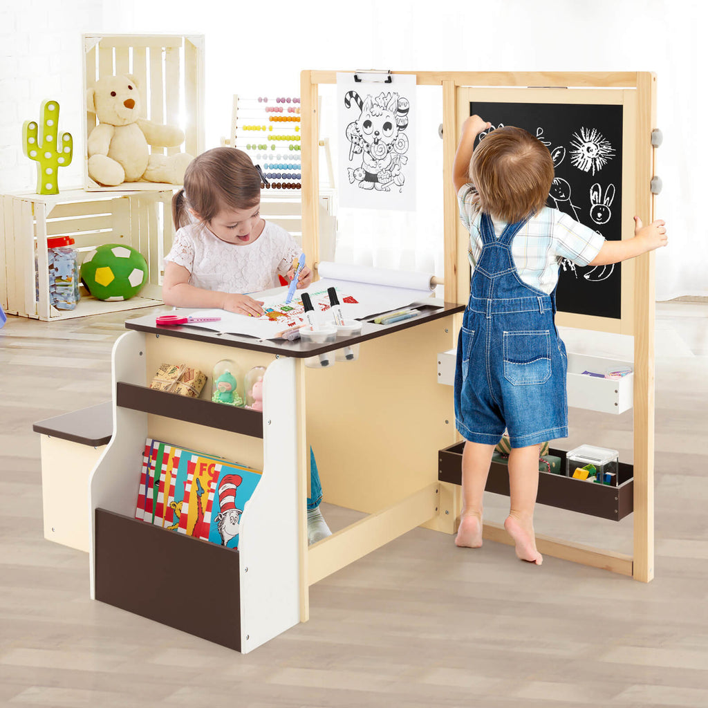 Kids Art Center Wooden Table Bench Set - Brown with Storage & Reversible Whiteboard