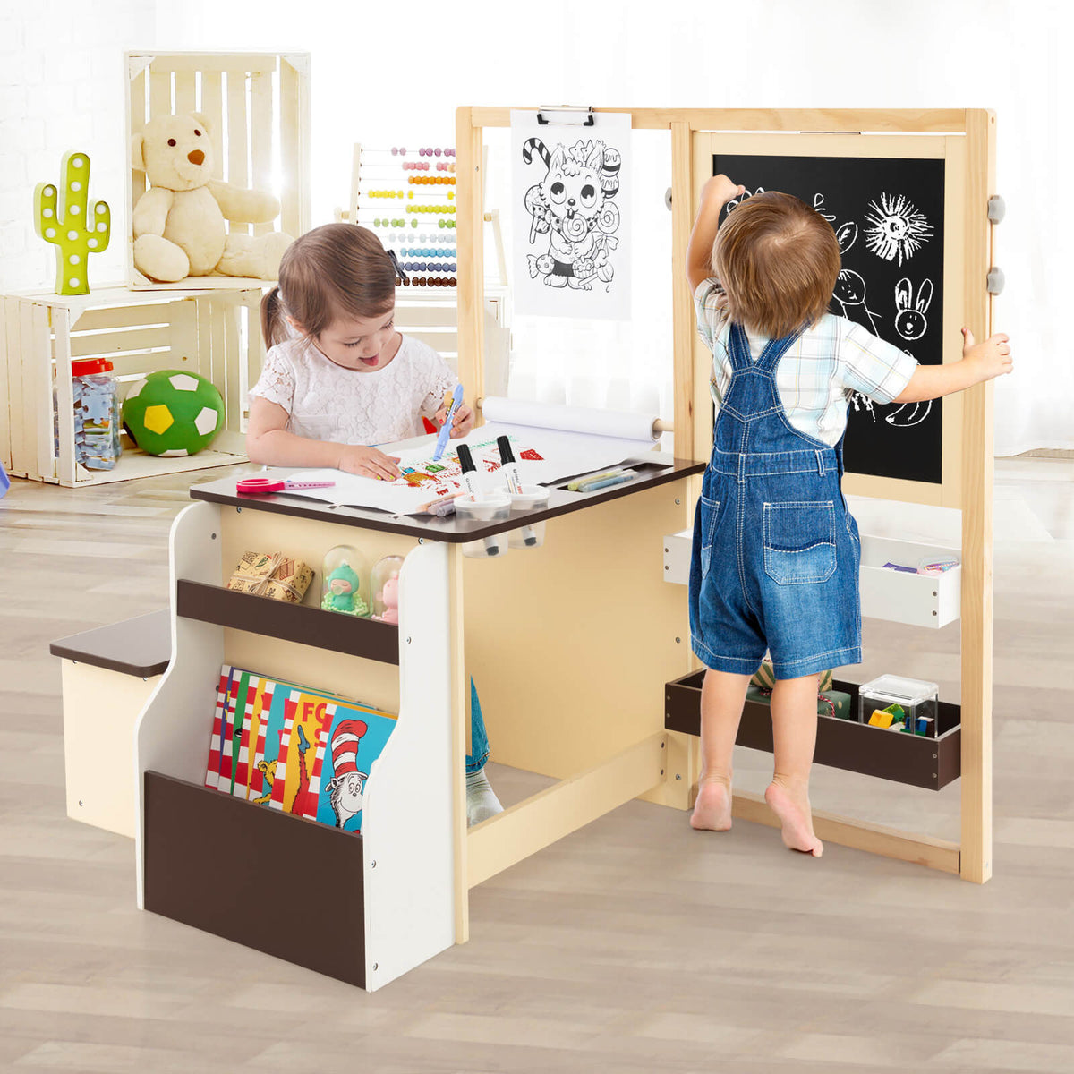 Kids Art Center Wooden Table Bench Set - Brown with Storage & Reversible Whiteboard