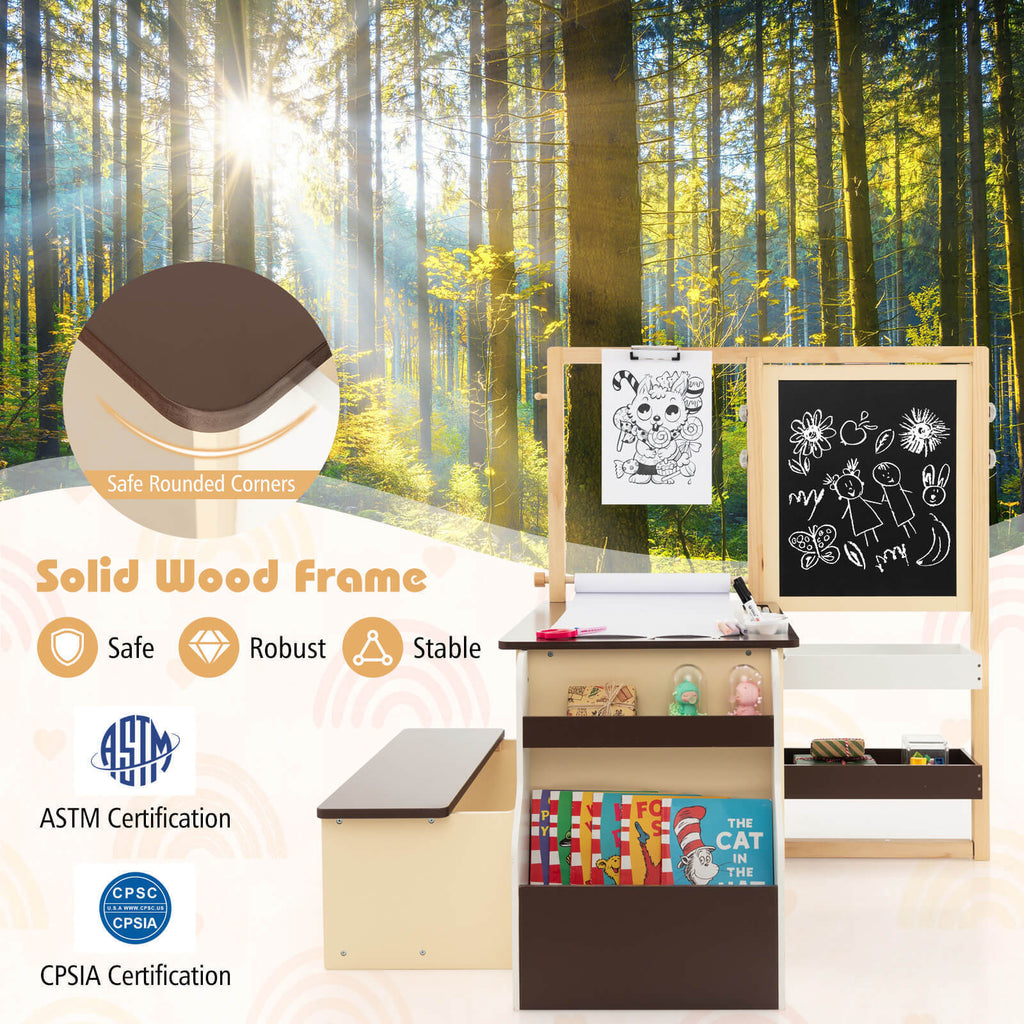 Kids Art Center Wooden Table Bench Set - Brown with Storage & Reversible Whiteboard
