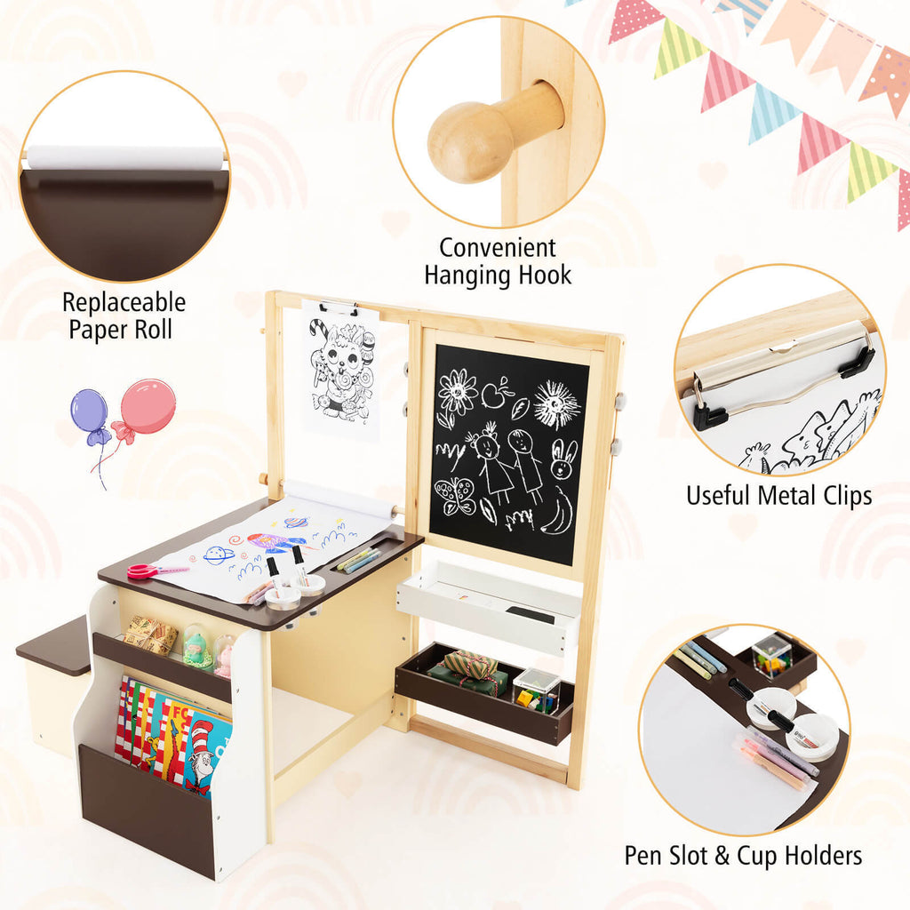Kids Art Center Wooden Table Bench Set - Brown with Storage & Reversible Whiteboard