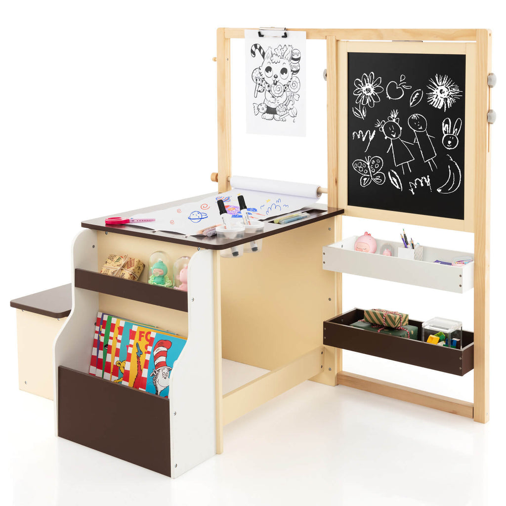 Kids Art Center Wooden Table Bench Set - Brown with Storage & Reversible Whiteboard