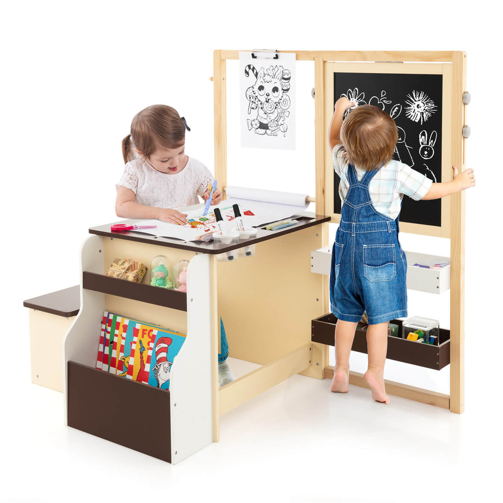 Kids Art Center Wooden Table Bench Set - Brown with Storage & Reversible Whiteboard