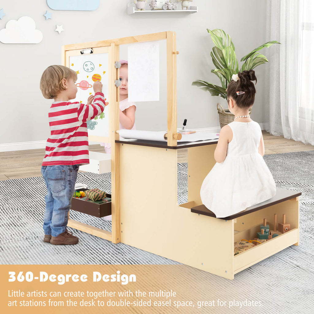 Kids Art Center Wooden Table Bench Set - Brown with Storage & Reversible Whiteboard